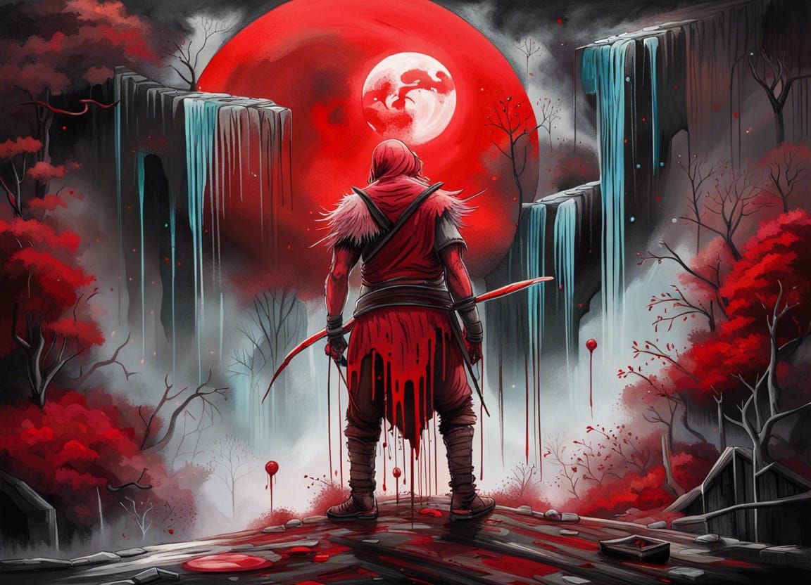 Warrior Under Blood Moon in Graffiti Art Style