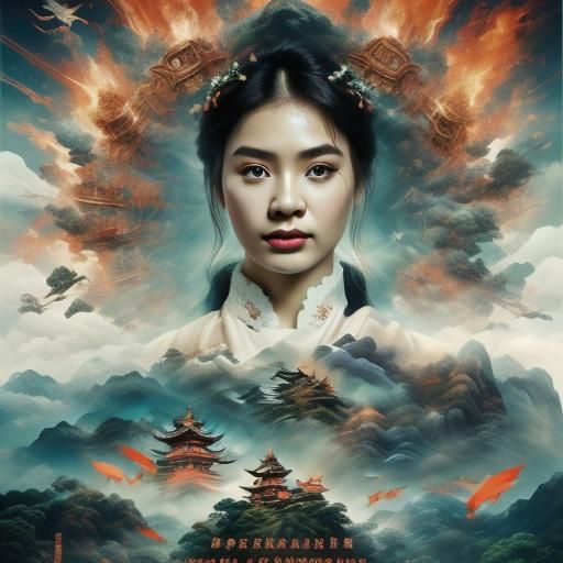 East Asian Warrior Woman with Katana in Zhongfenghua Style