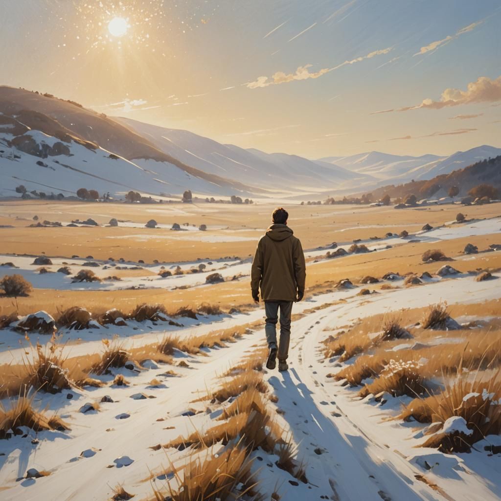 Lone Hiker in Snowy Landscape: Oil Painting