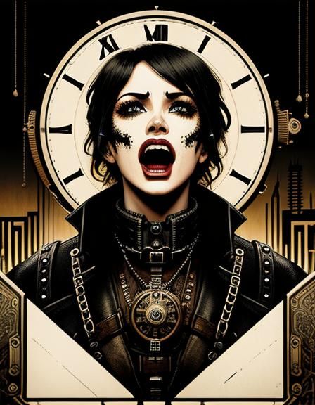 Steampunk Dystopian Scene in 8-bit Art Deco Style