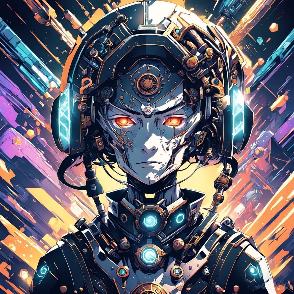 Cyborg Timekeeper in Vibrant Anime Style