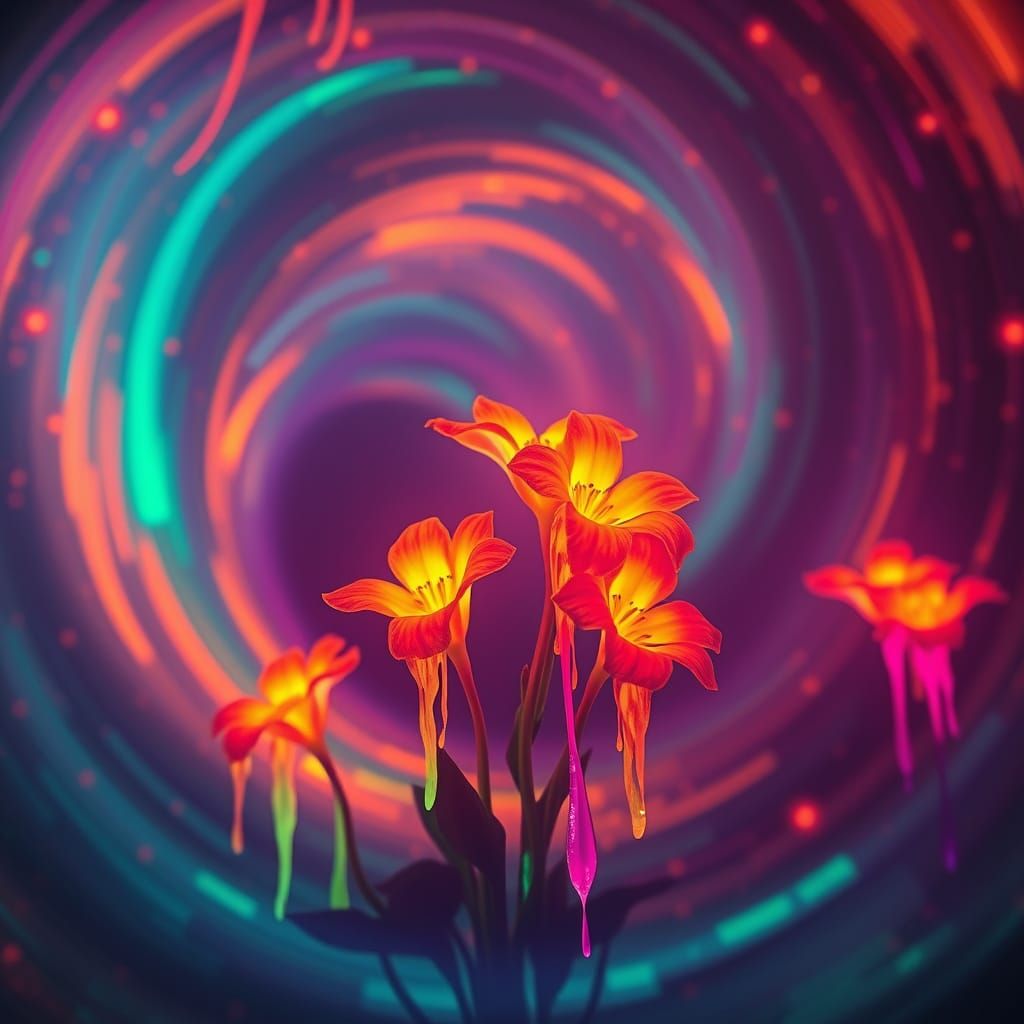 Bioluminescent Flowers in Swirling Vortex with Dripping Colo...