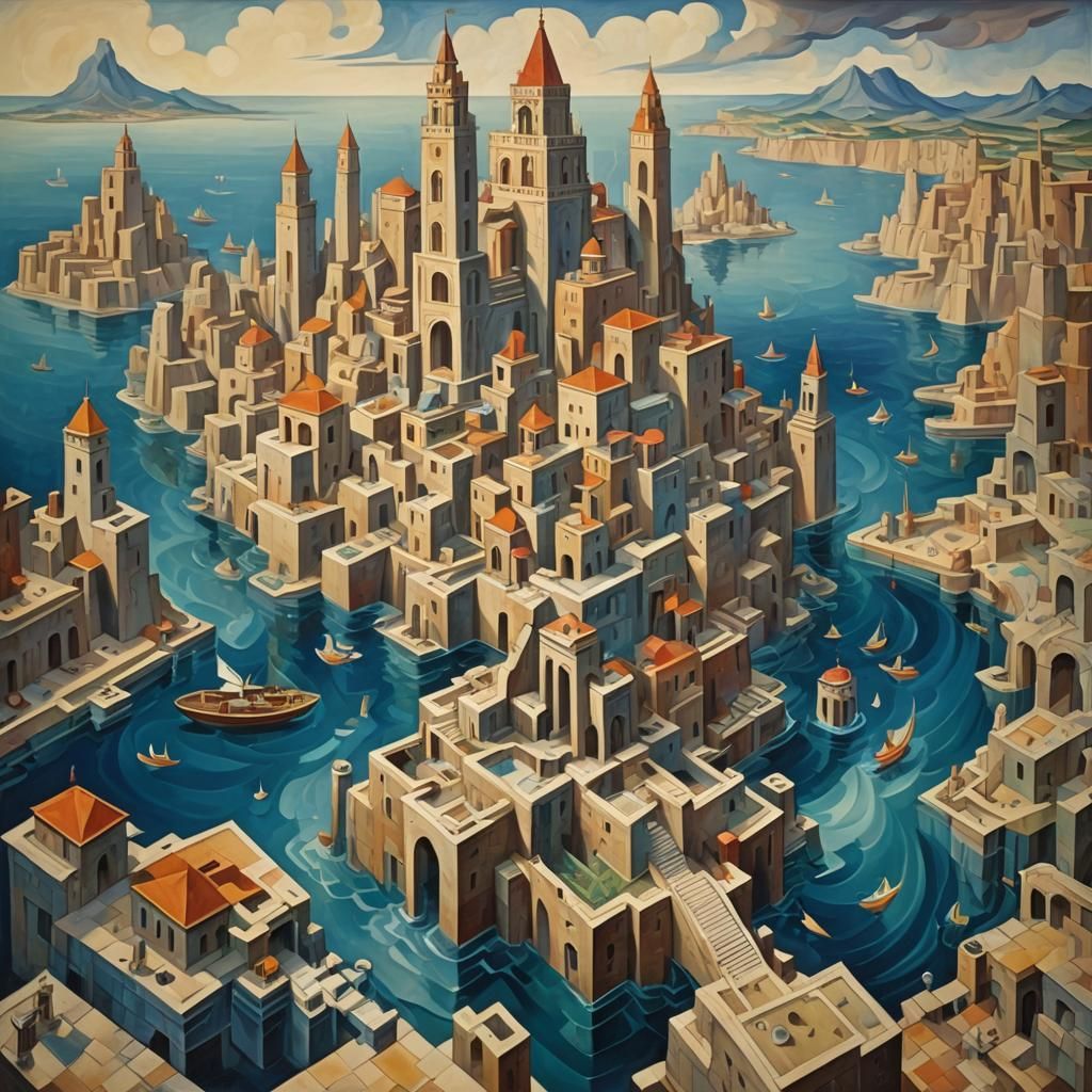 Atlantis: Sunken City in Abstract Cubism Style