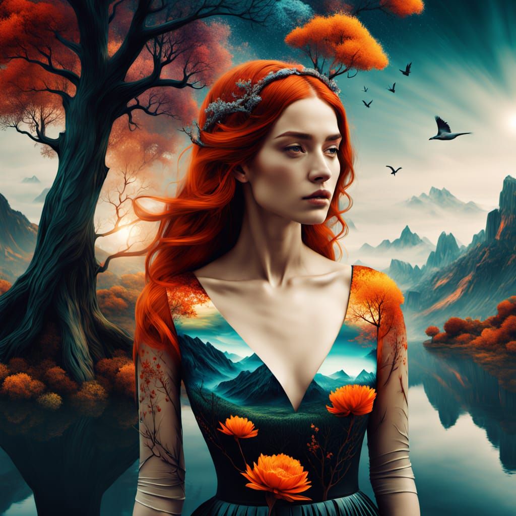 Surrealistic Goddess in Vibrant, Dreamlike Landscape