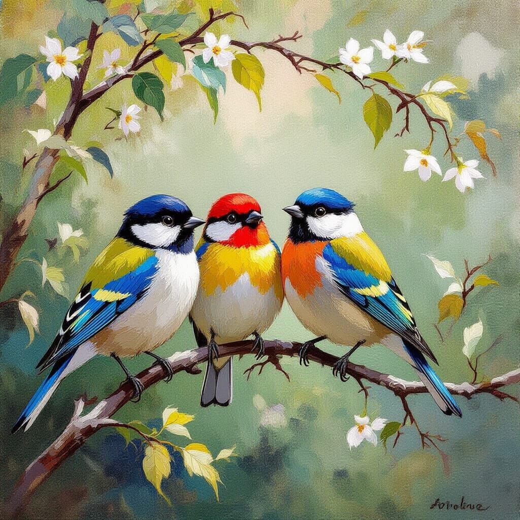 Colorful Birds on Branch in Impressionistic Style