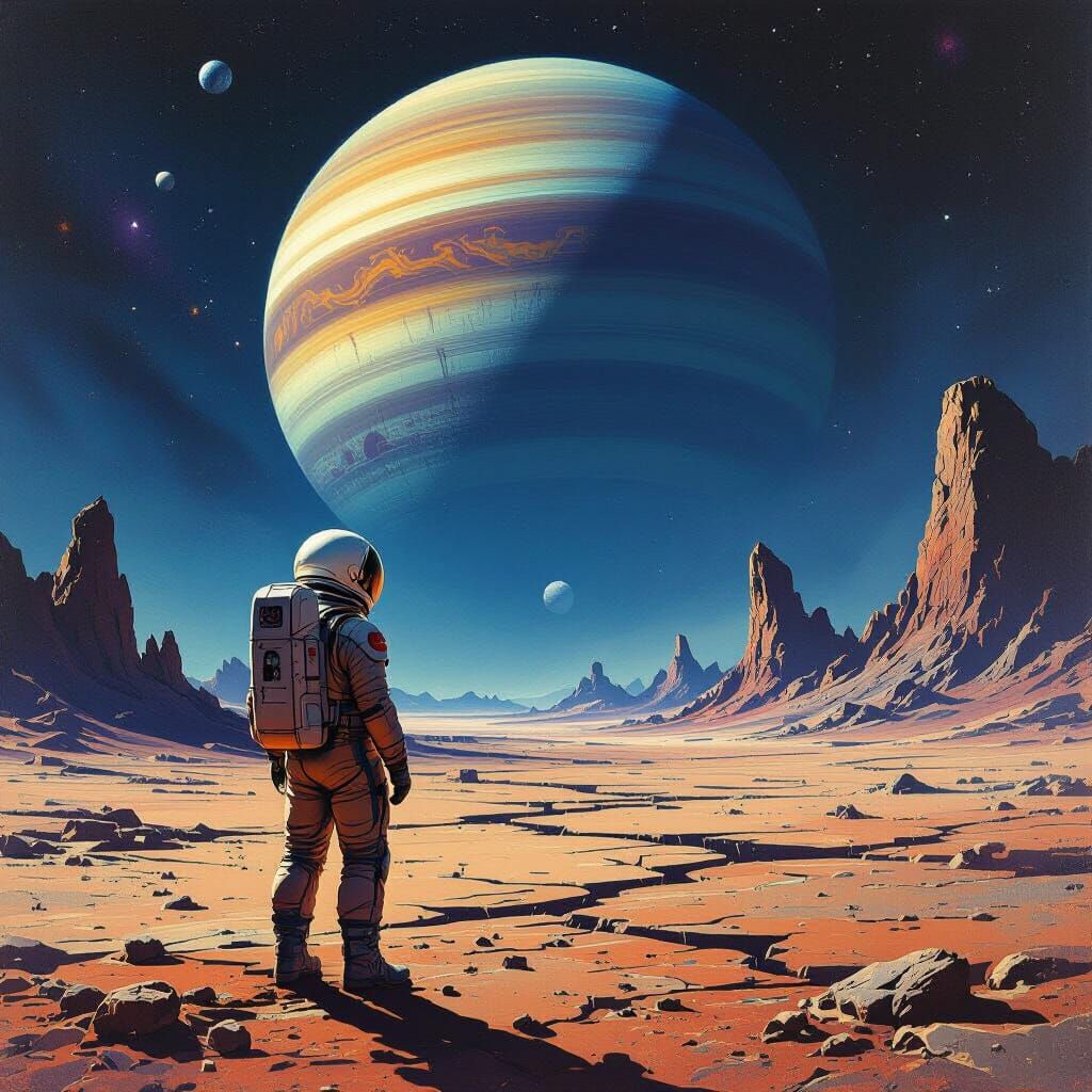 Astronaut on Barren Planet Gazing at Gas Giant