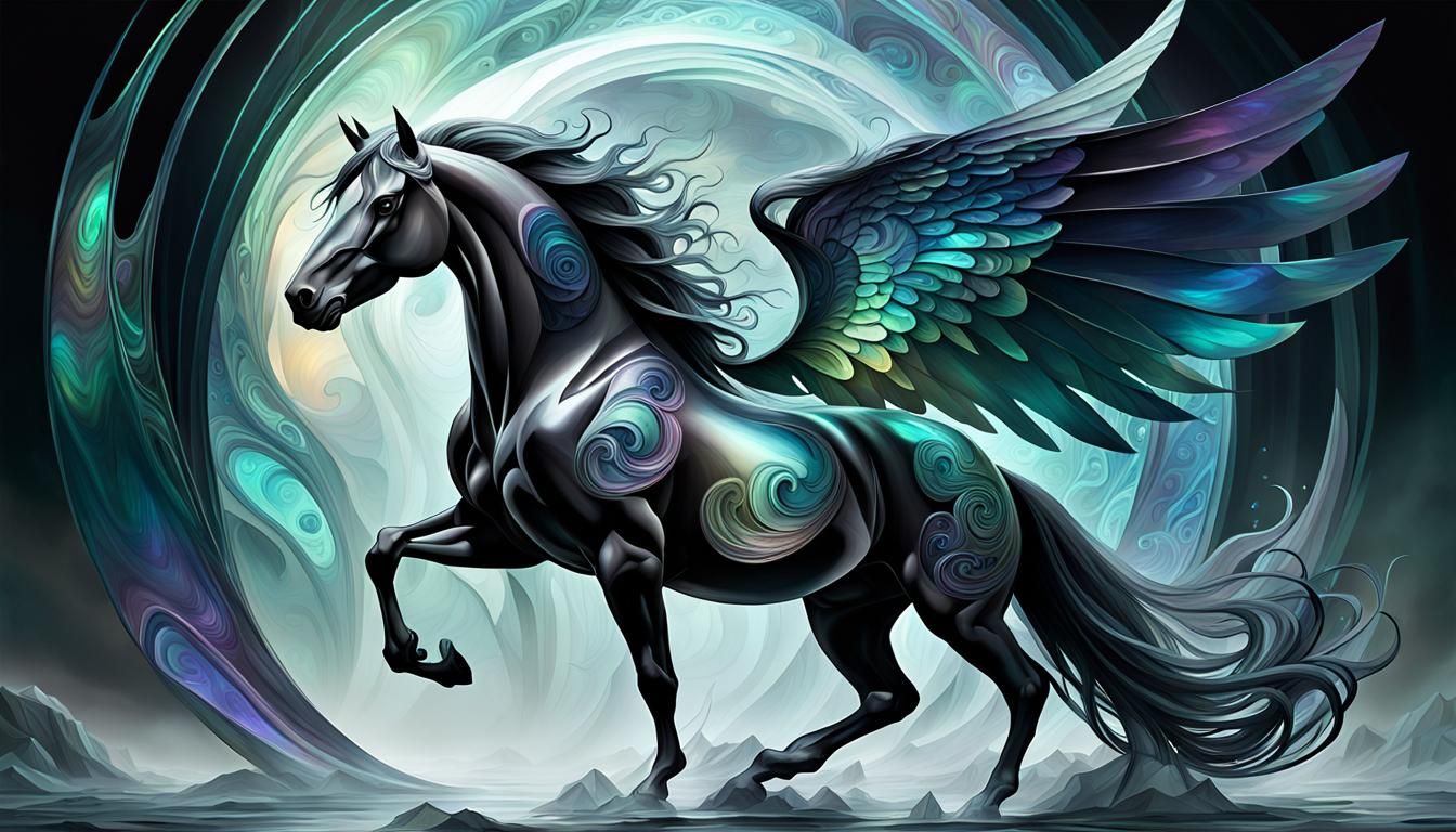 Winged Stallion Enters Portal in Cubist Style