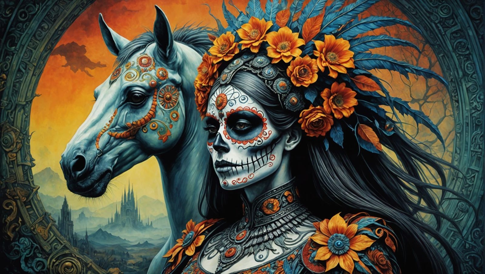 Day of the Dead Lady on Horse in Surreal Style