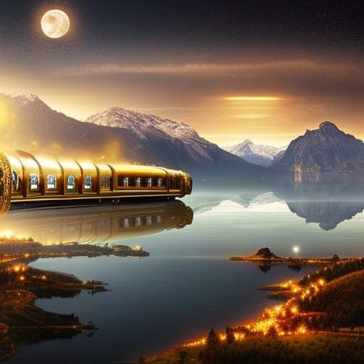 Golden Train on Lake at Dawn: Digital Matte Painting