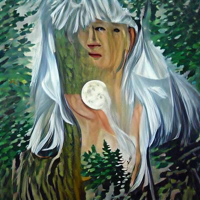 White-Haired Woman in Forest, Oil on Canvas