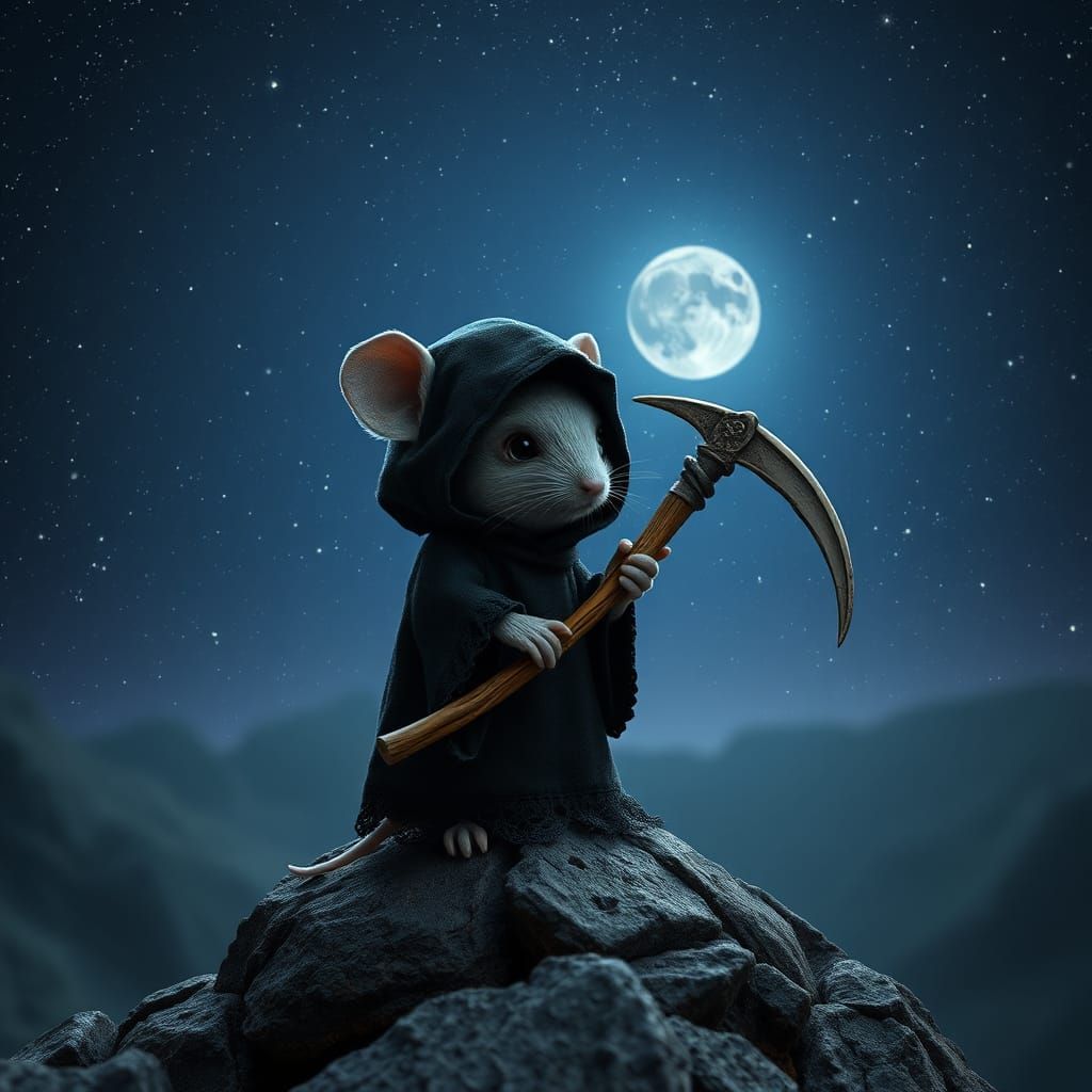 Chibi Grim Reaper Mouse Under Moonlight: Hyperrealistic Phot...