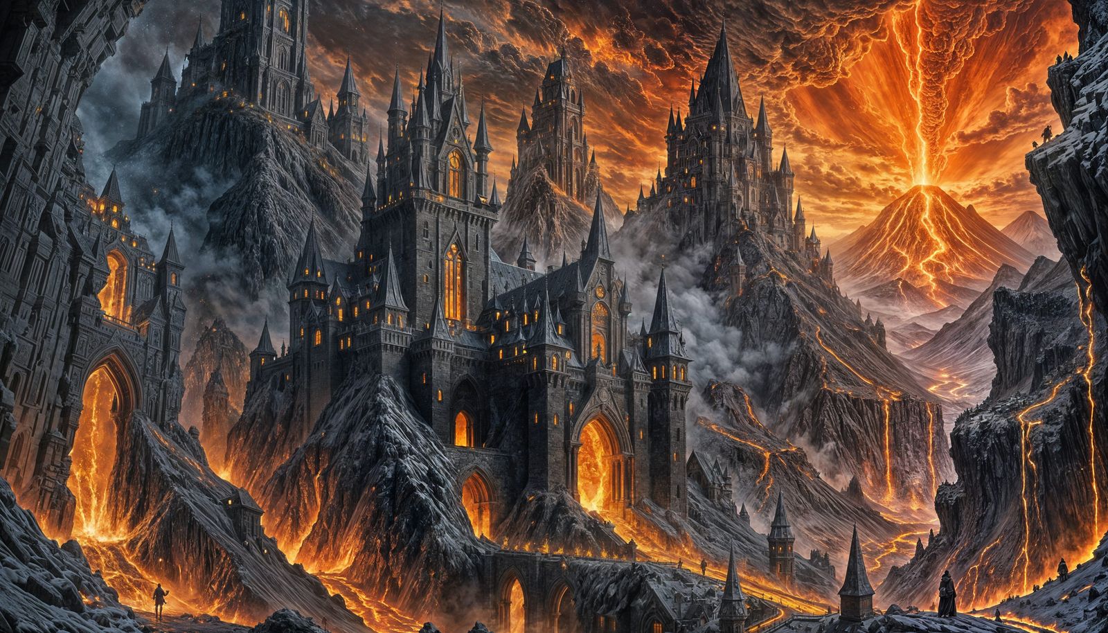 Erupting Volcano Castle at Night in Fantasy Style