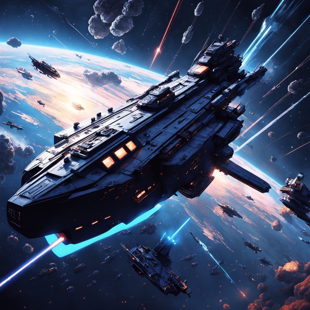 Colossal Warship with Laser Cannons in Galaxy