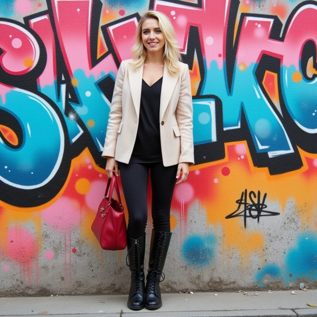 Stylish Woman with Graffiti Wall Backdrop in Photo Realism