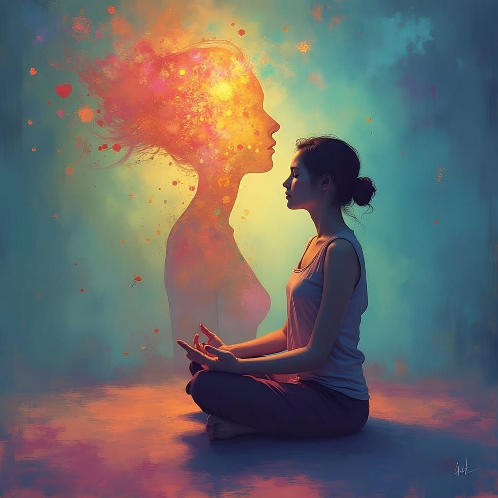 Meditating Woman with Colorful Shadow in Ethereal Style