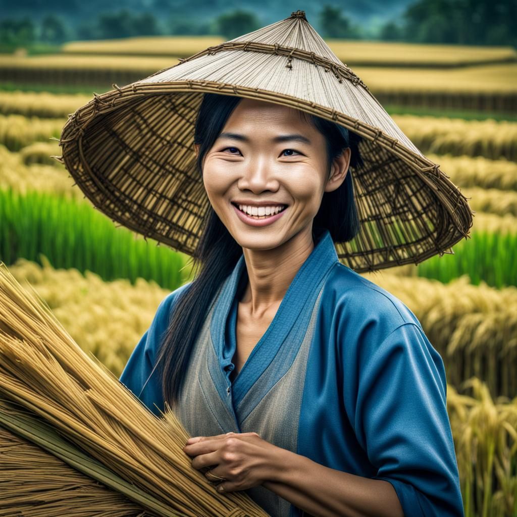 Vietnamese Woman Smiling in Rice Field: Hyperrealistic Image