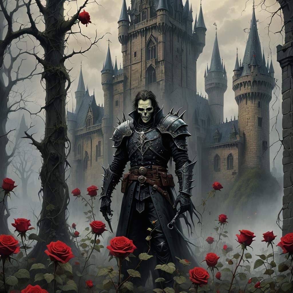 Gothic Castle with Thorny Roses in Dark Fantasy Style