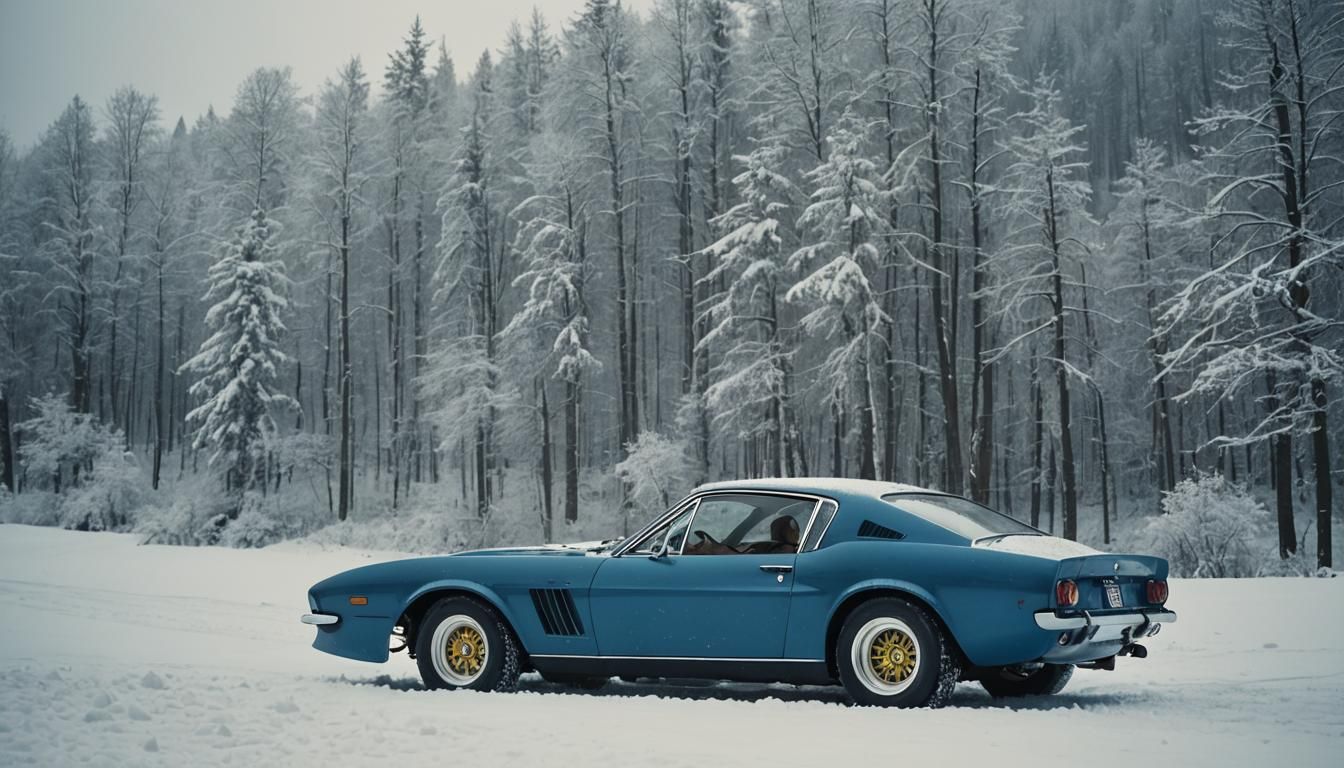 Royal Blue Ferrari Mustang Concept in Snowy Landscape