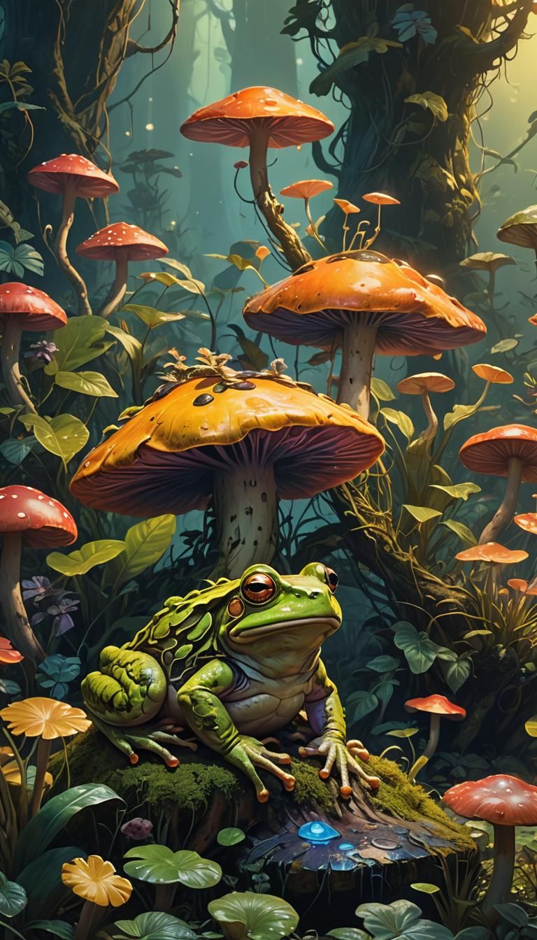 Giant Frog on Mystical Mushroom, Fantasy Concept Art