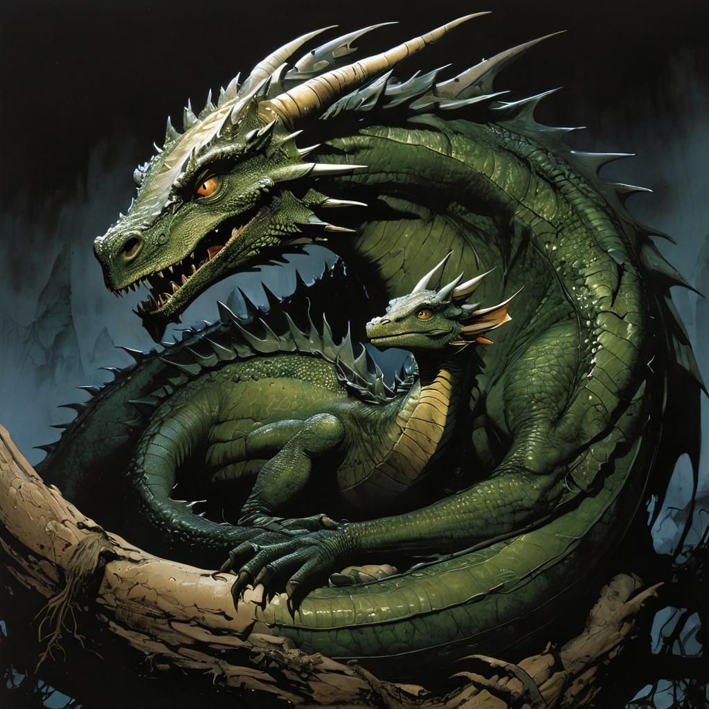Dragon Mother and Hatchling, Frank Miller Style