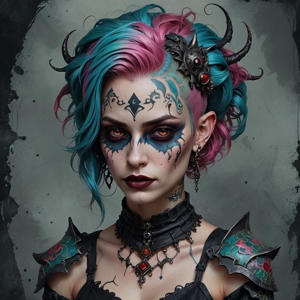 Gothic Jester with Cyan and Pink Hair