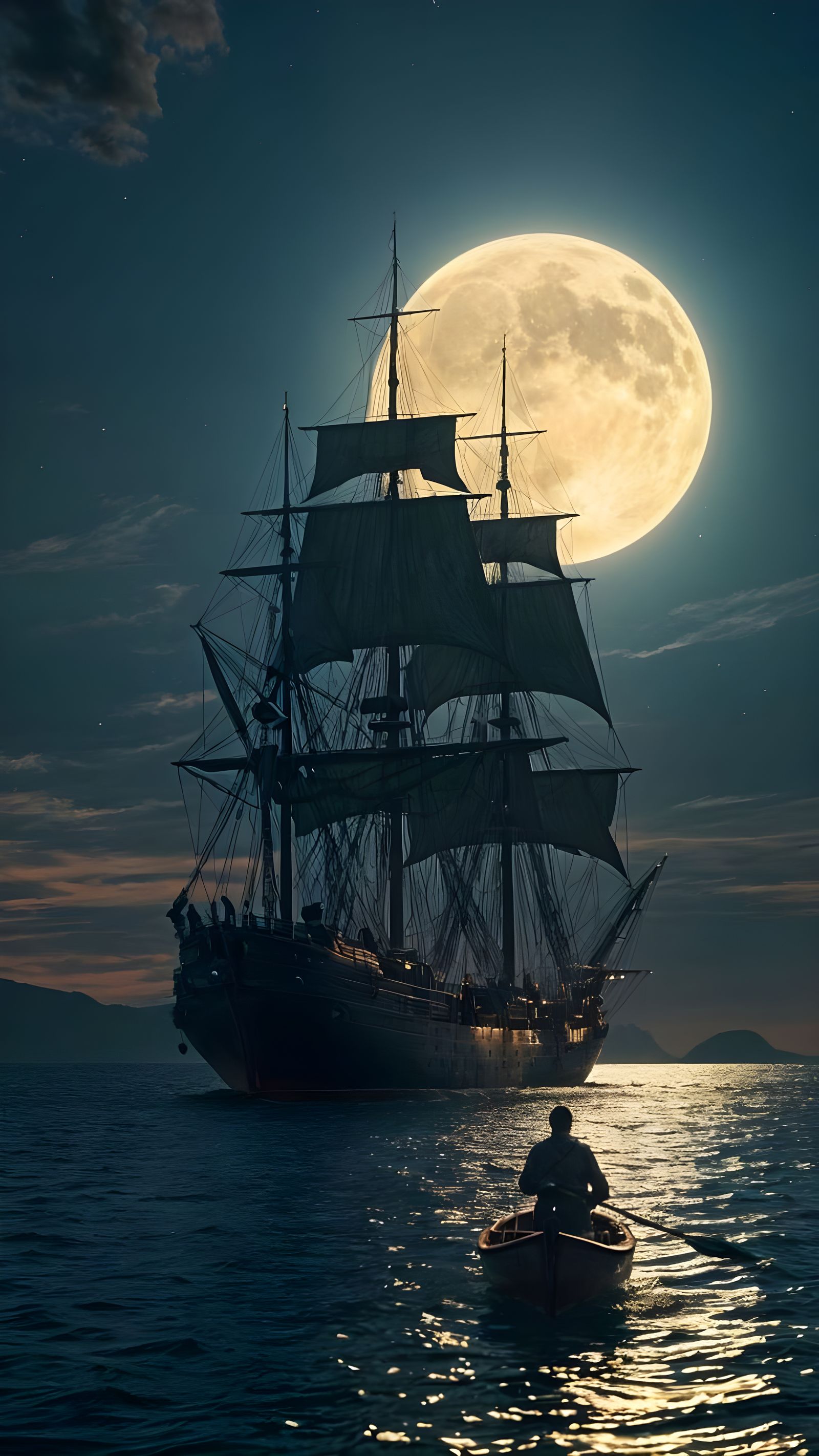Majestic Tall Ship Sailing Under Moonlight
