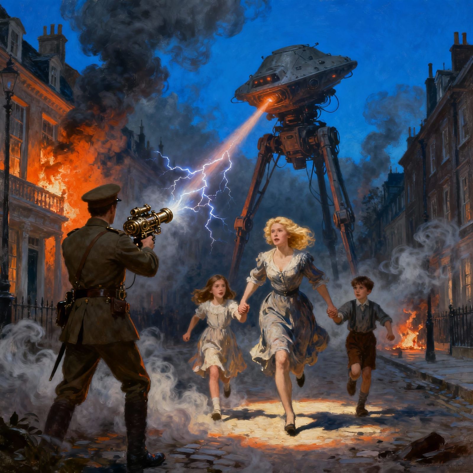 Victorian Family Flees Martian Invasion in Painterly Style