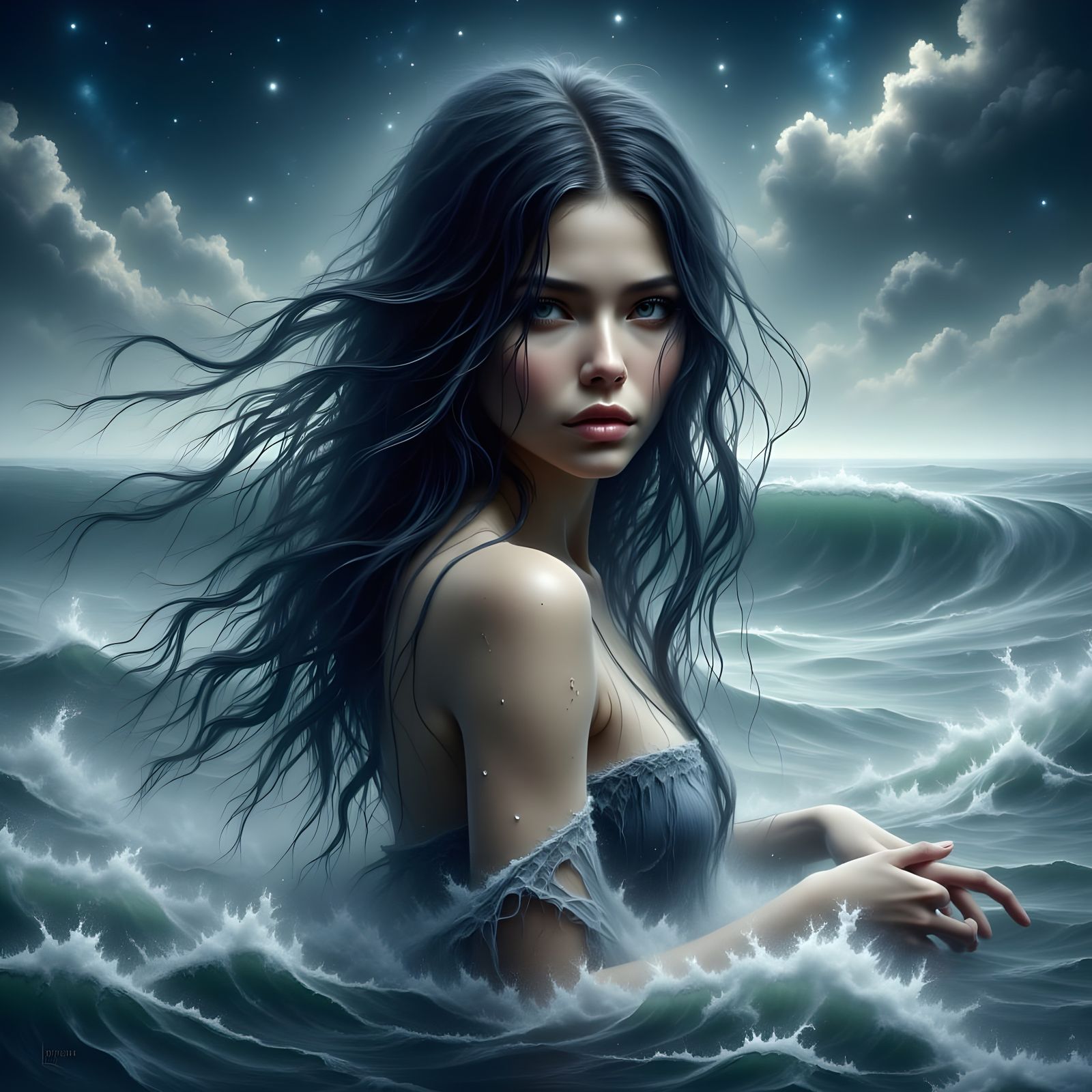 Mystical Norse Goddess Emerging from Midnight Ocean Tides