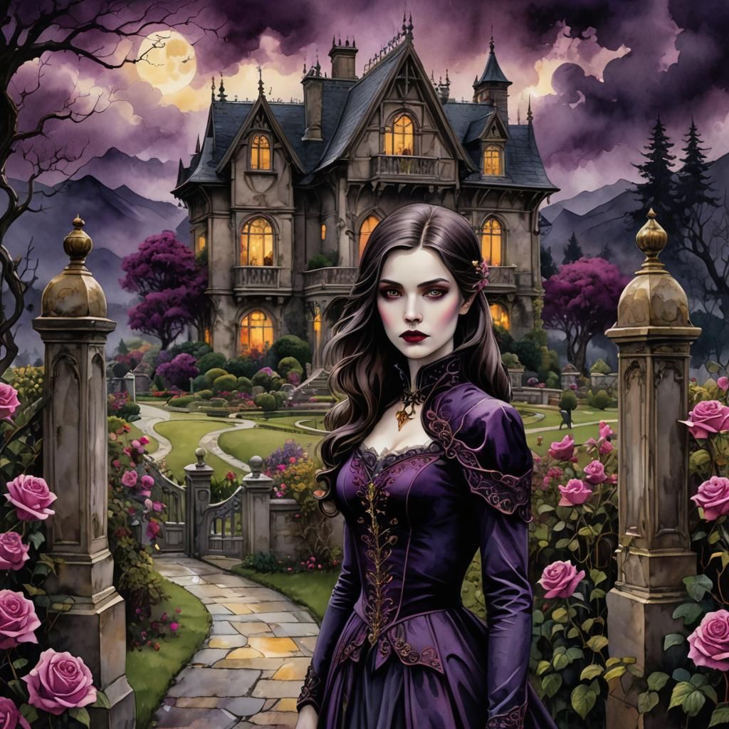 Vampire in Purple Velvet: Watercolor Ink Poster Art