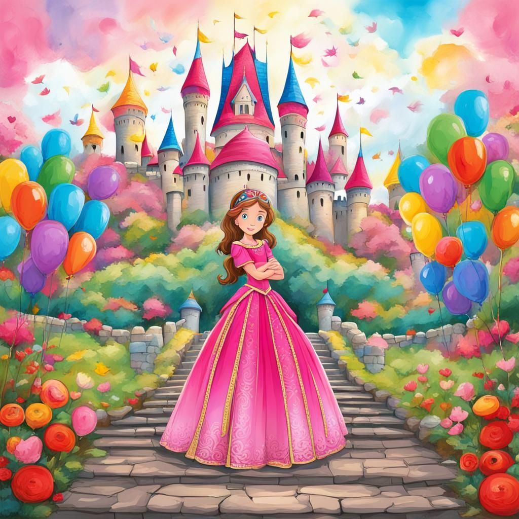 Colorful Princess in Front of Fantasy Castle