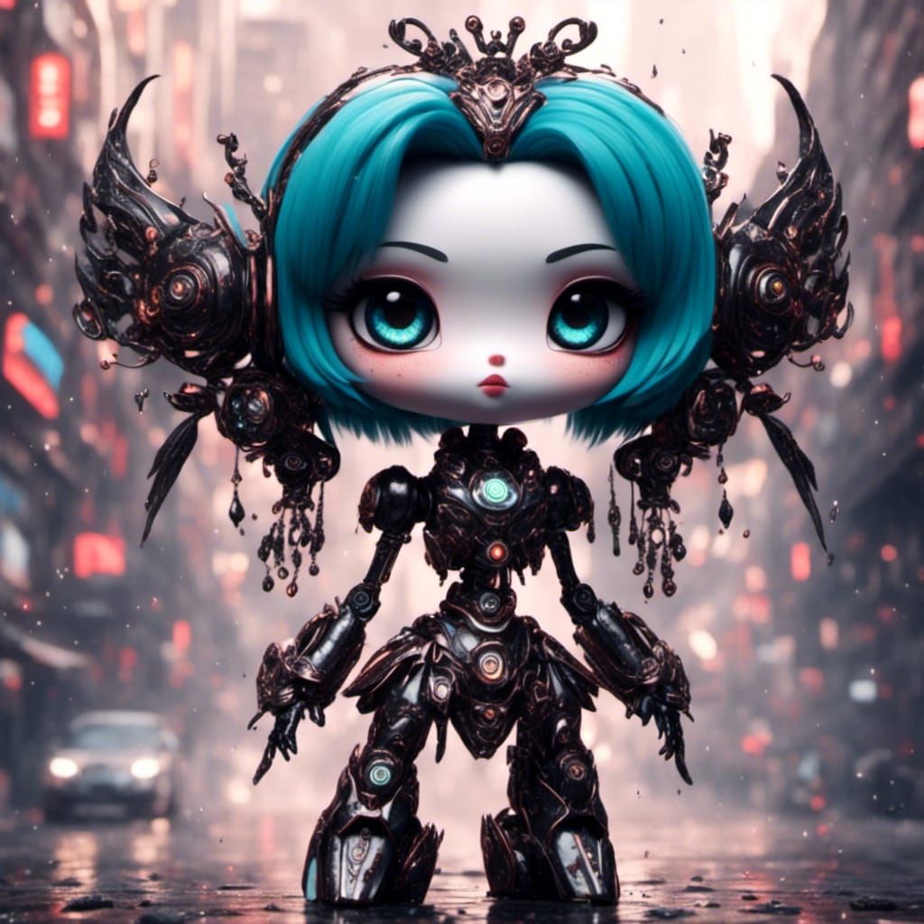 Chibi Robot Girl Battle Ready in Dark Fantasy Style