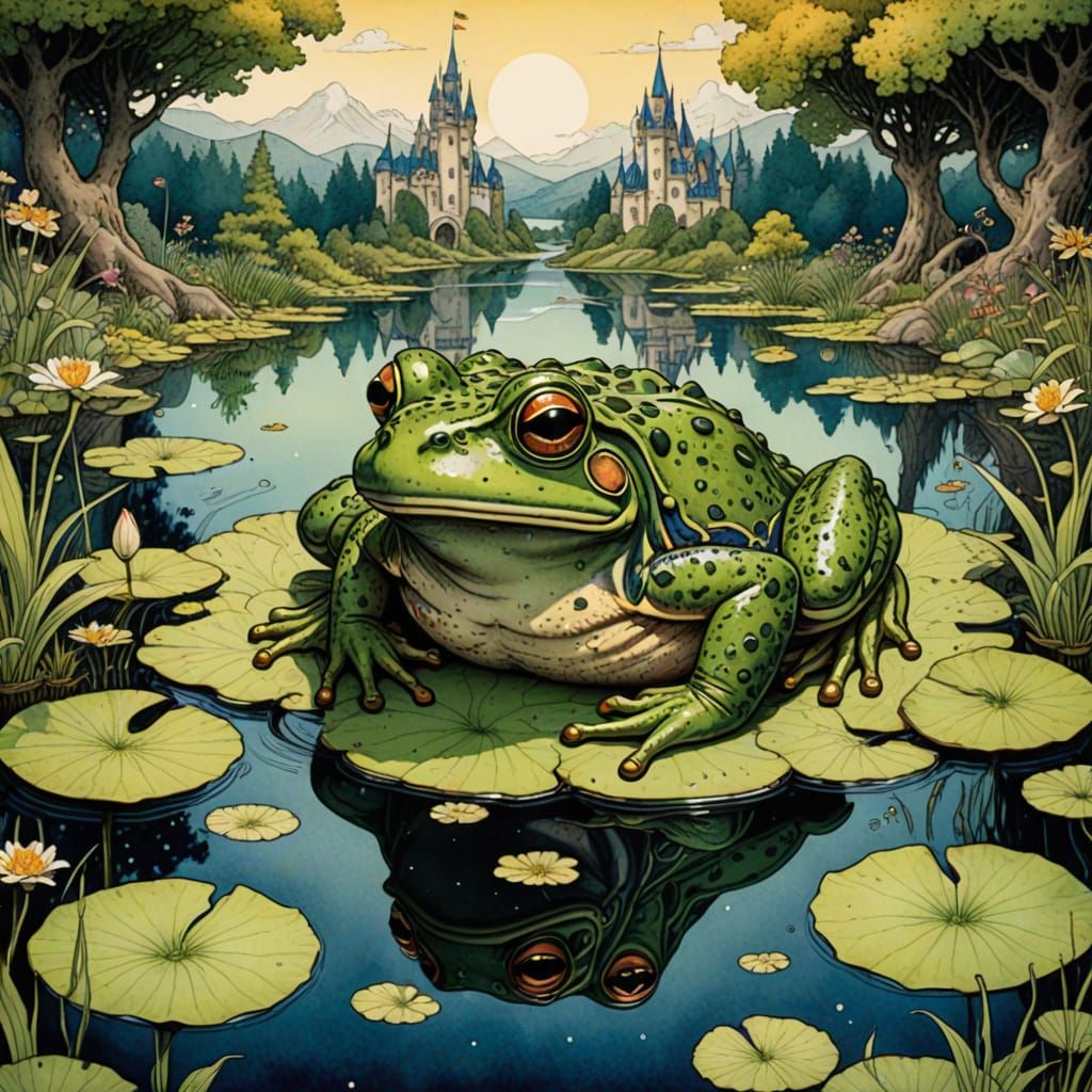 Fantasy Frog in Magical Pond, Pen and Ink Art