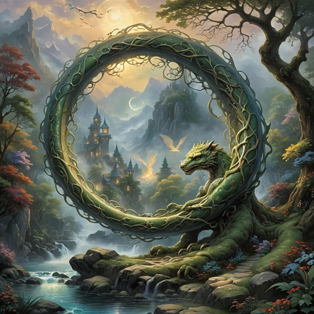 Ethereal Ouroboros in Hyperdetailed Fantasy Landscape