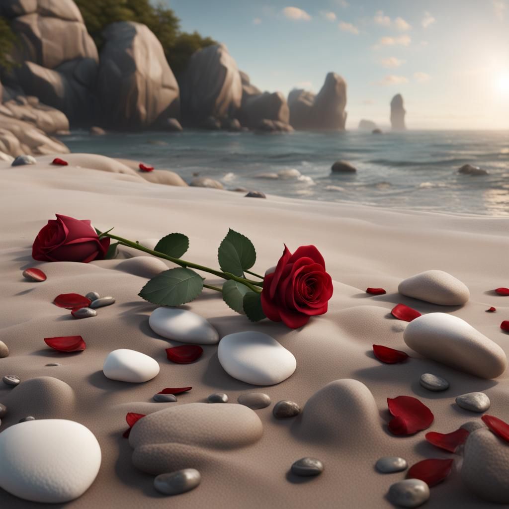 Ultrarealistic Roses on Rocky Beach: Detailed Matte Painting