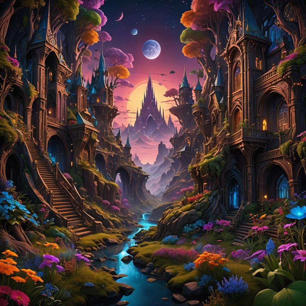 Psychedelic Metallic Nocturnal Art in Matte Painting Style