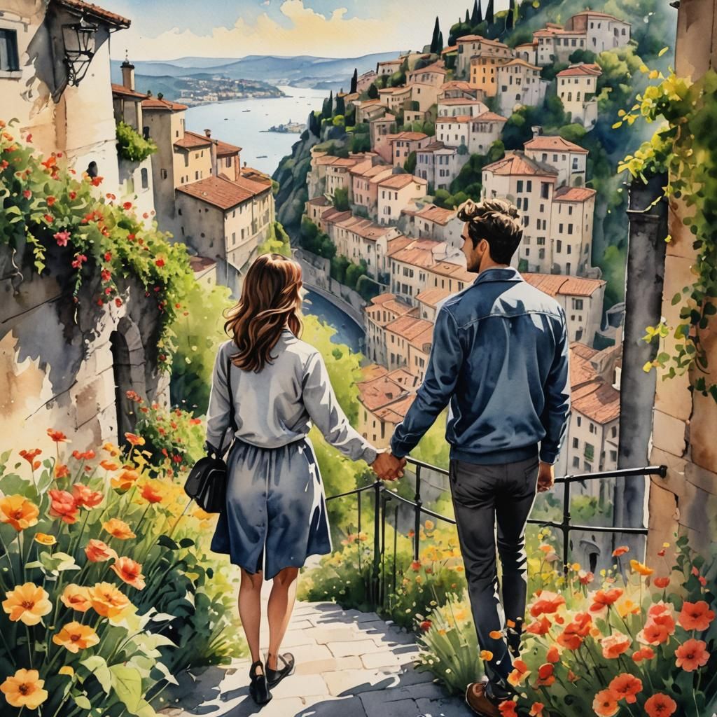 Italian City View: Watercolor and Ink Couple