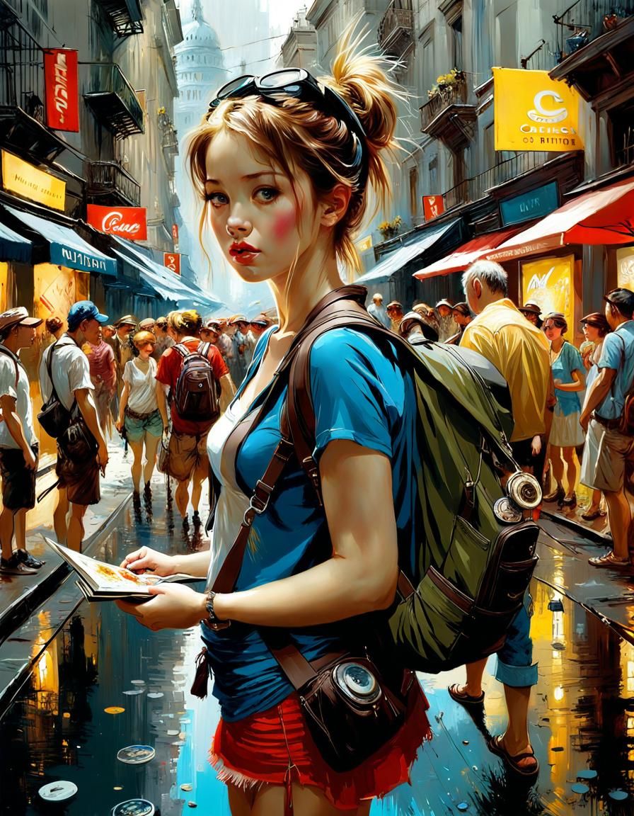 Cartoon Greets Tourist: Fine Art Painting