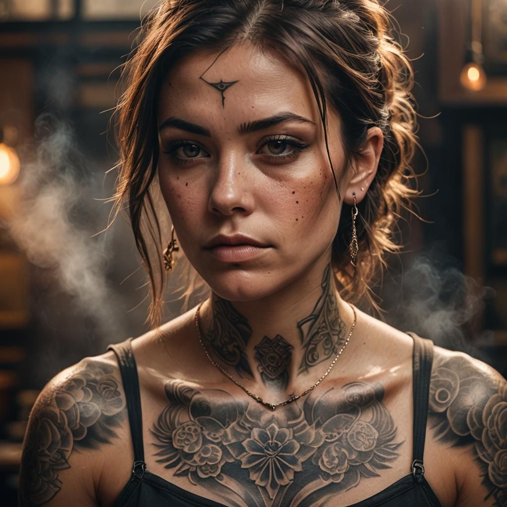 Hyper-Realistic Tattoo Artist Portrait with Atmospheric Ligh...