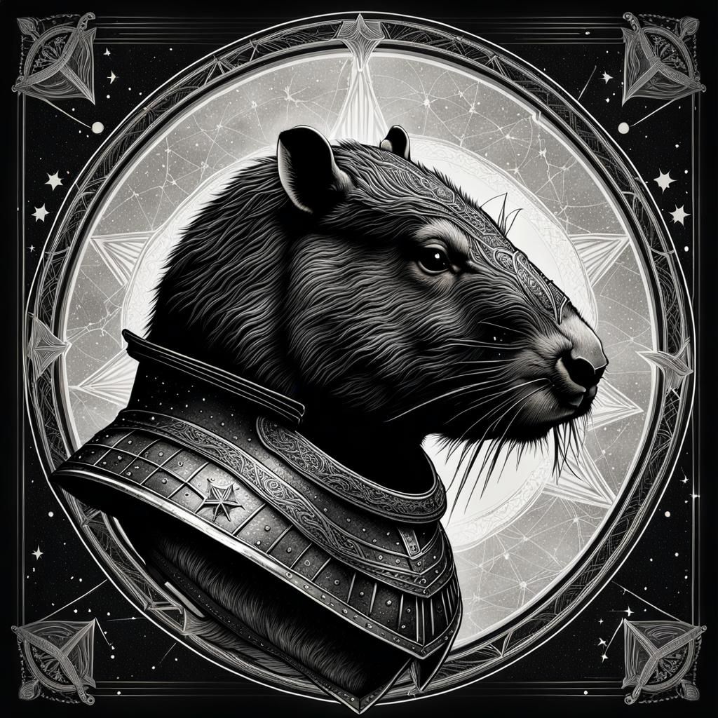 Armored Capybara Knight with Constellation Background