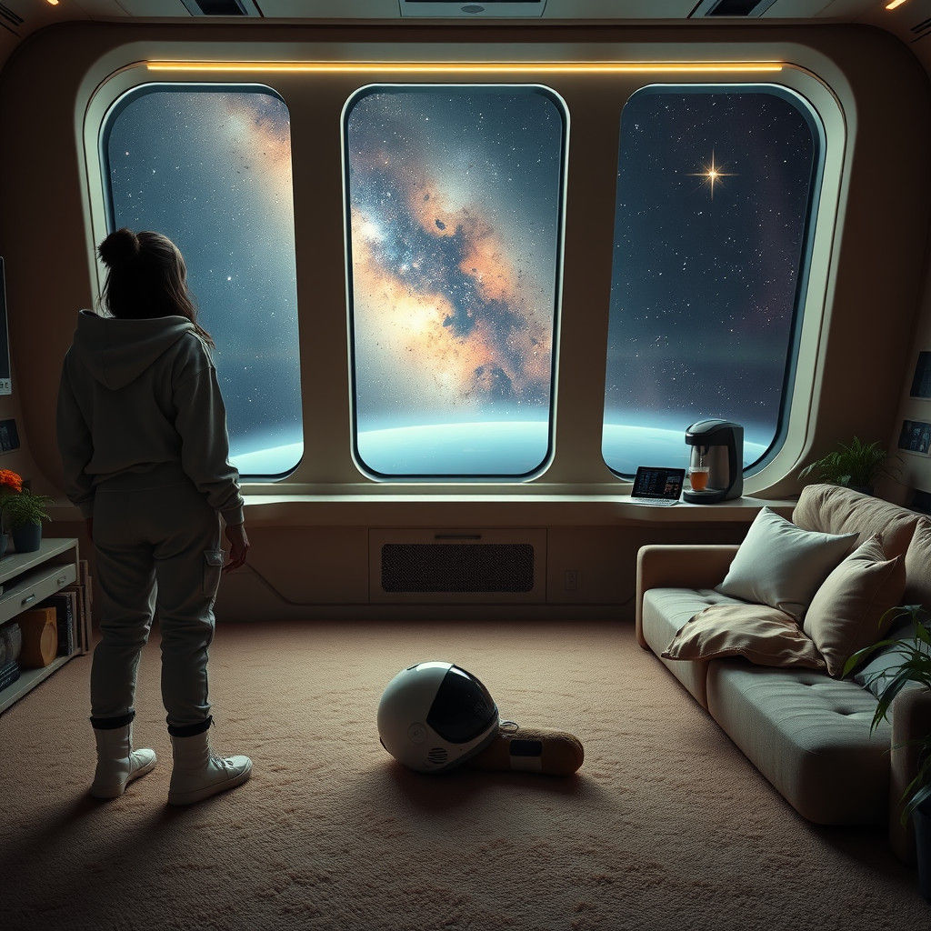 Contemplative Woman Pilot Gazing at Stars in Spaceship
