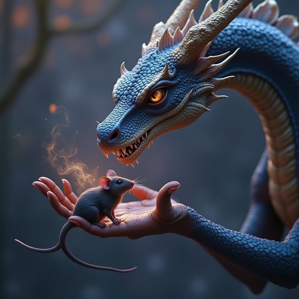 Majestic Dragon Gazing into the Eyes of a Quivering Rat in a...