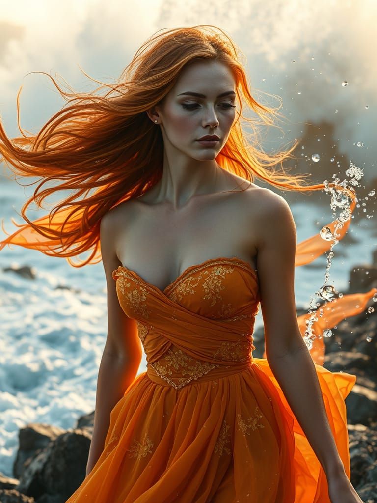 Radiant Woman on Rocky Coast in Painterly Style