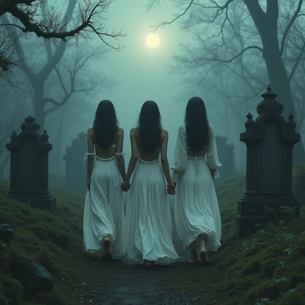 Women Wander a Moonlit Graveyard in a Haunting, Dreamlike At...