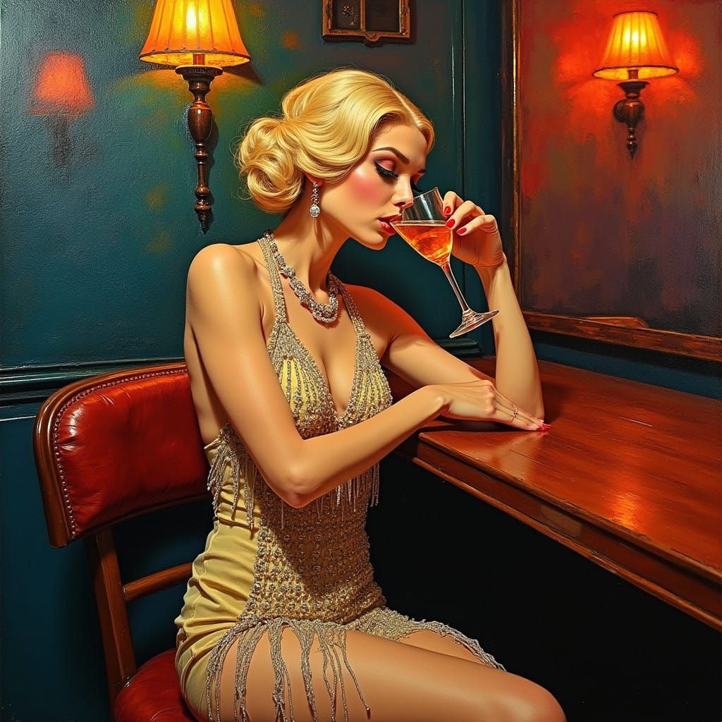 Vibrant Flapper Girl in a 1920s Jazz Bar, Neo-Expressionist....