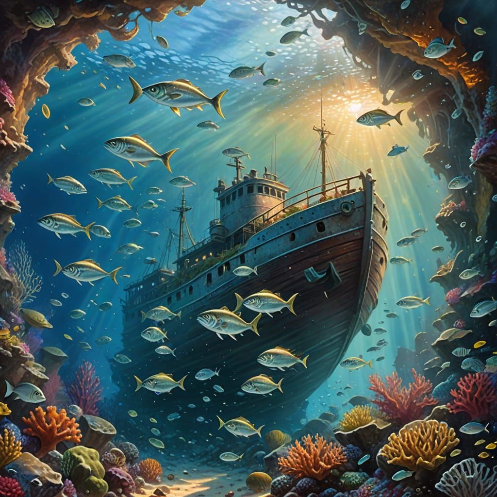 Bluefish School Near Sunken Ship, Oil Painting