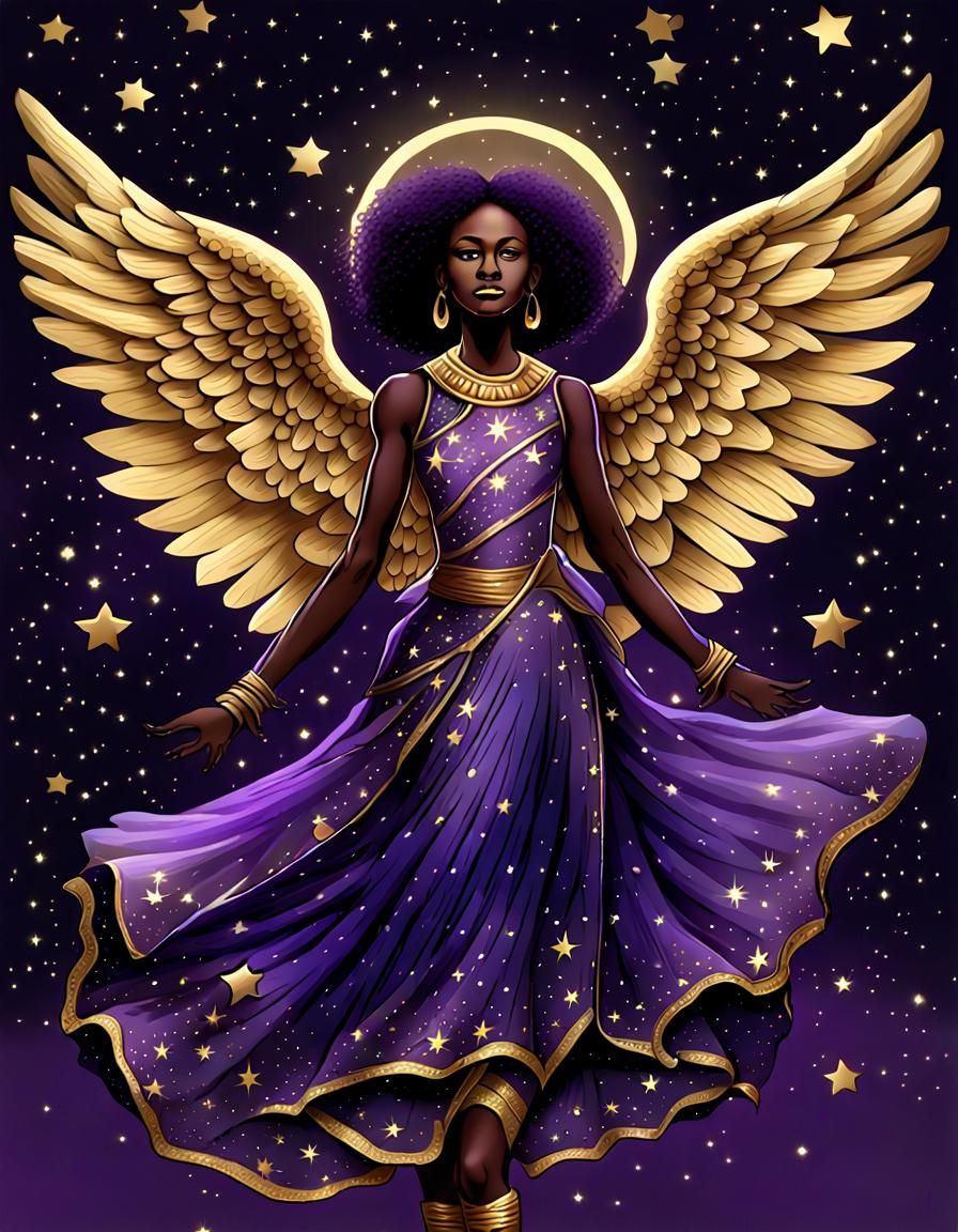 Ethereal Black Angel in Purple and Gold