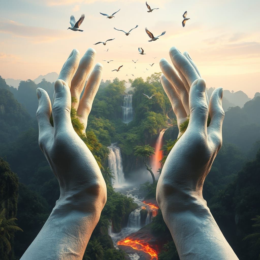 Ethereal Rock Hands Cradle a Luminous Rainforest in Dreamlik...