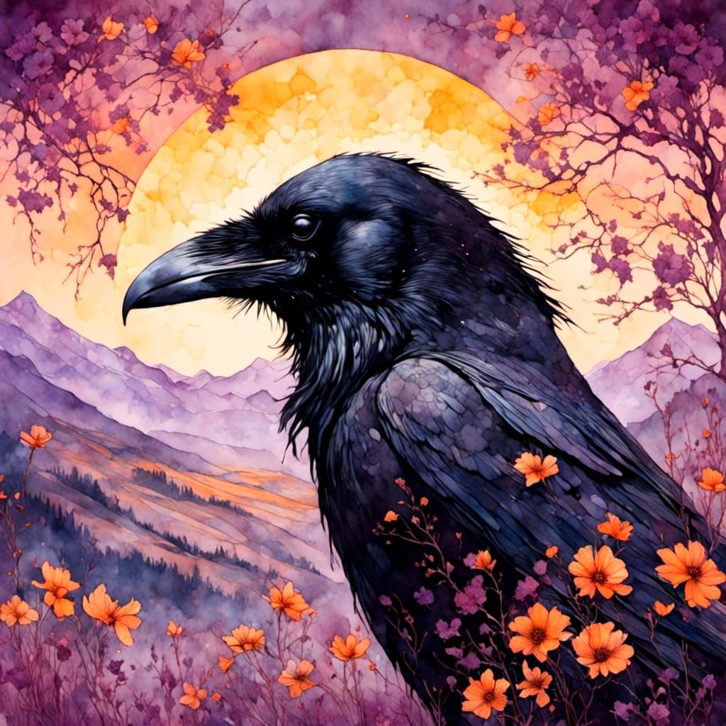 Raven Portrait with Sun and Mountains in Liquid Ink