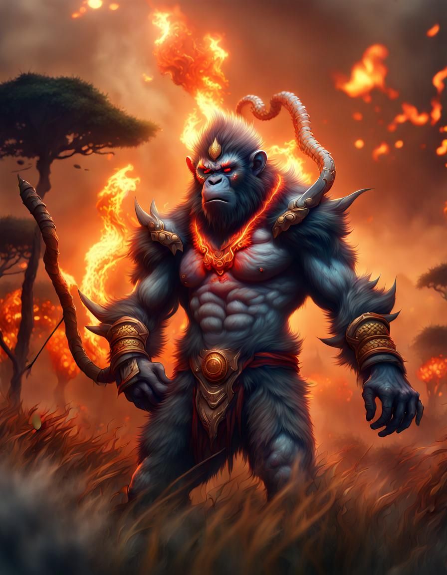 Fiery Wukong in Misty Grasslands: Fantasy Concept Art