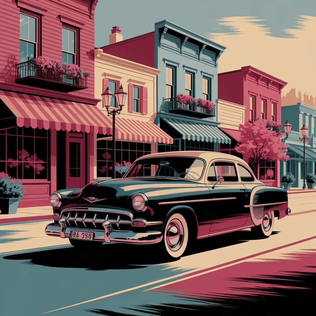 1950s Car on Main Street in Mixed Media Style